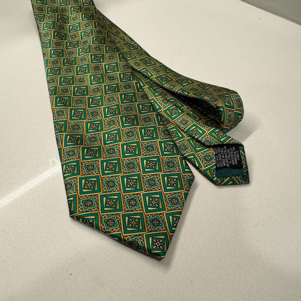 Luca‎ Franzini Tie Green Geometric 100% Silk Made in Italy Woven Necktie Casual
